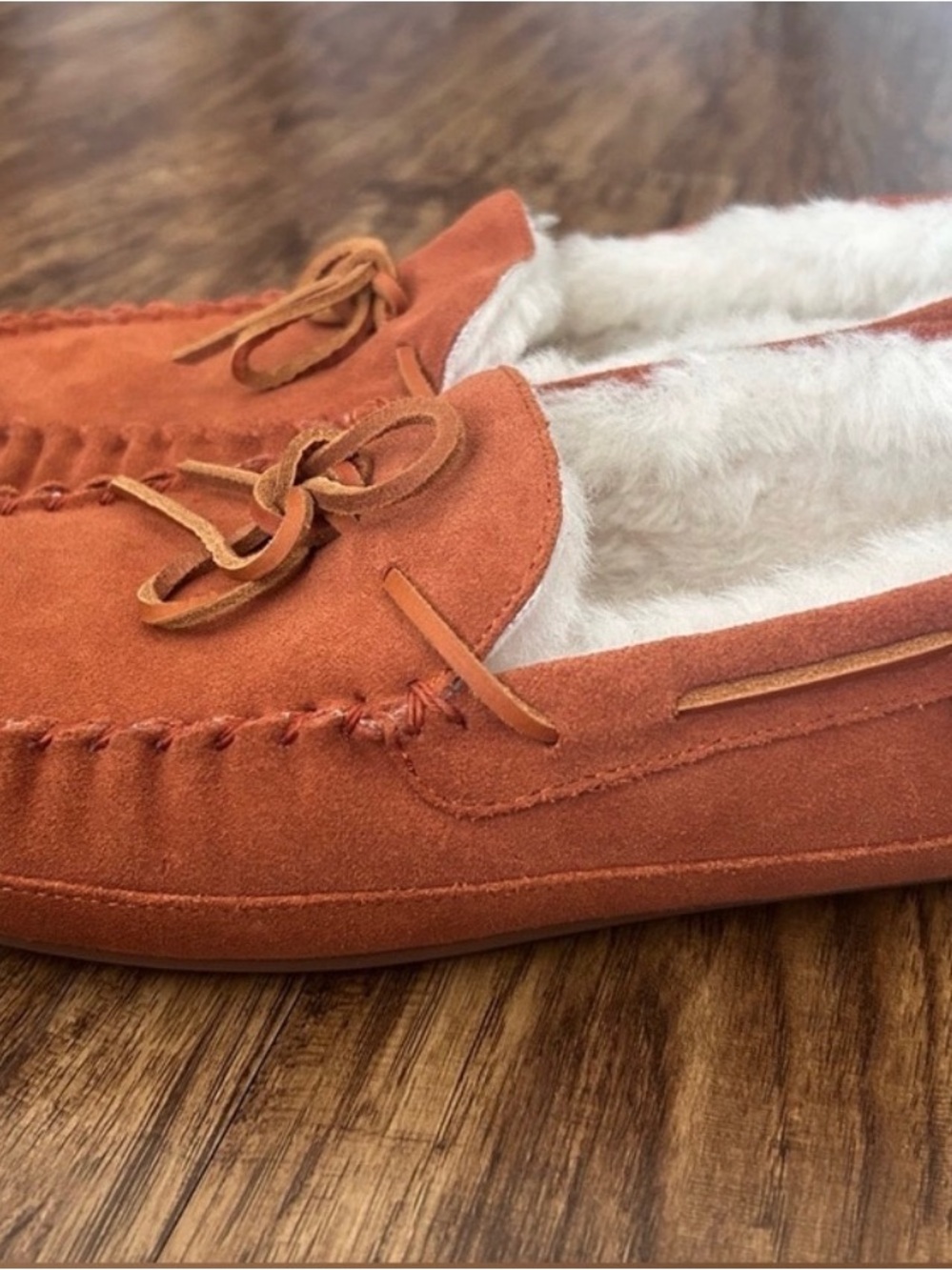 Coach Rust Orange Suede Shearling Moccasin Slippers - Picture 3 of 5
